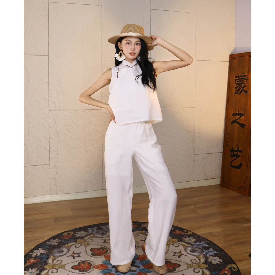 【蒙之艺】棉麻蒙古族元素背心马甲长裤套装