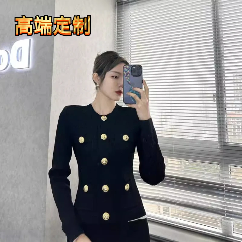 同款新款修身显瘦纯色开衫女秋季百搭垫肩针织上衣黑色白色长袖