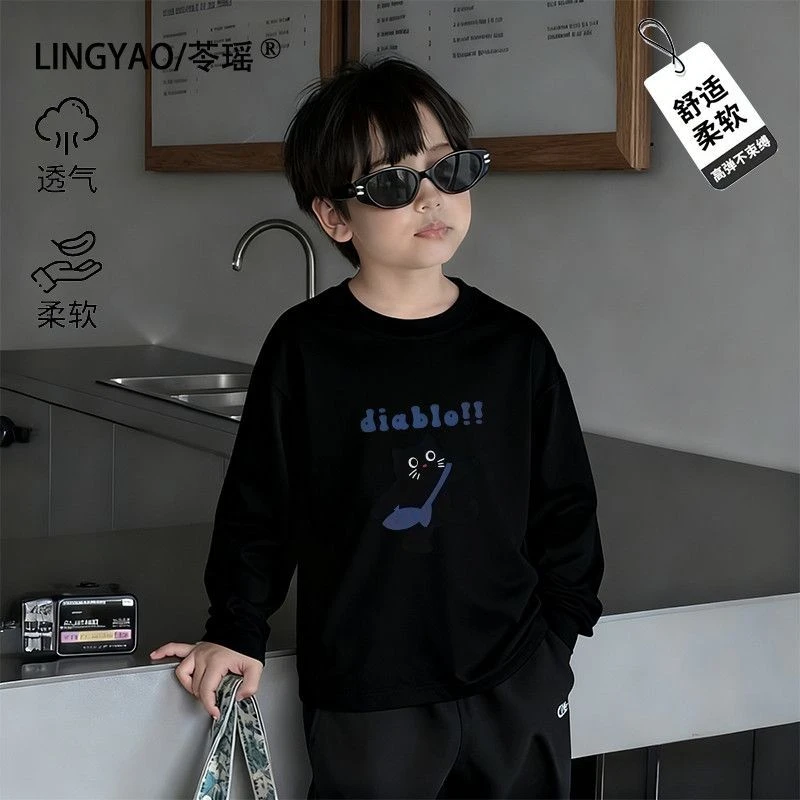 2025春秋季新款童装纯棉长袖t恤男童女童小猫卡通印花爆款上衣潮