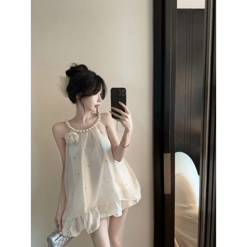 2025夏新款法式气质名媛珍珠挂脖重工艺镶钻拼接荷叶边背心上衣女