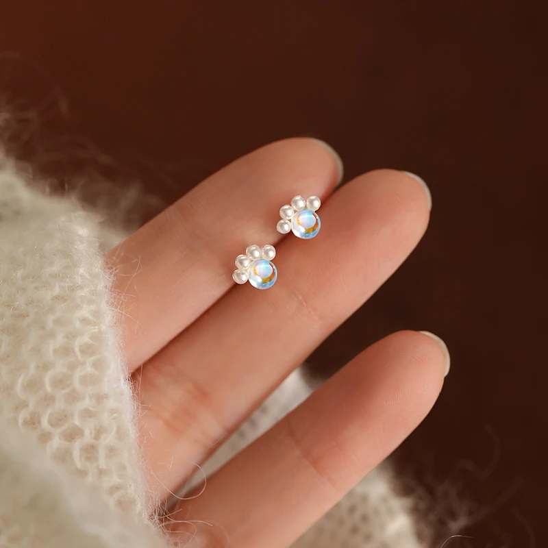 足银仿珍珠耳饰 999纯银猫爪耳钉可爱小清新耳环女小众设计感甜美