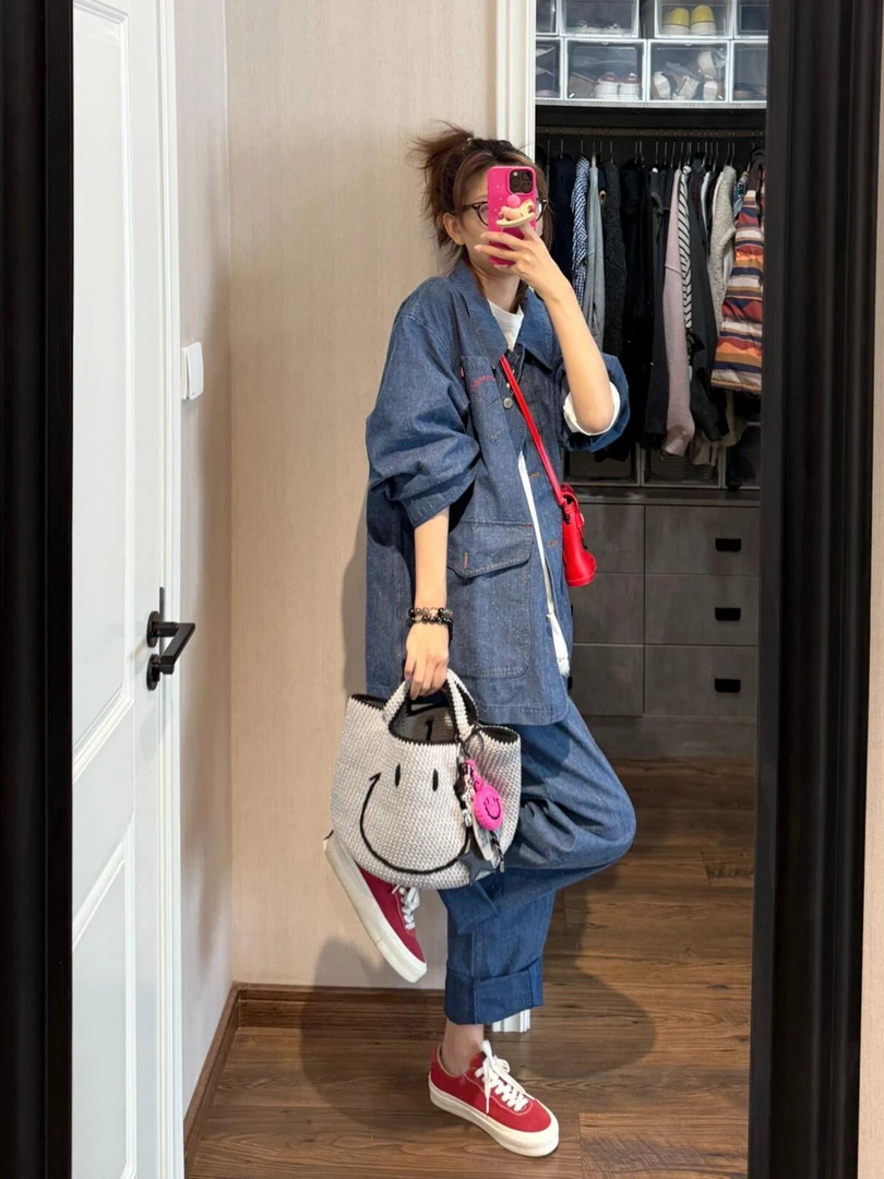 2025秋季新款复古牛仔衬衫bf慵懒风松弛感港味复古休闲裤三件套