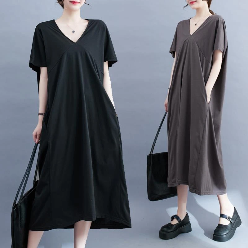 巨显瘦遮肉DS连衣裙高级感2025夏季新款宽松v领裙女短袖中长裙