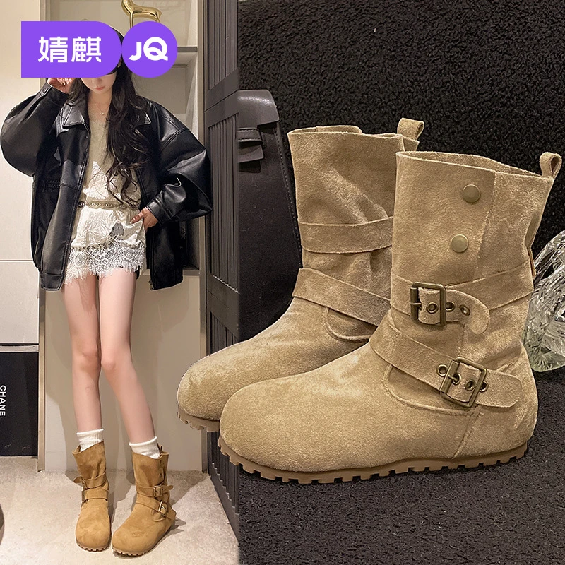 婧麒两穿复古加绒增高靴子女2025新款秋冬洋气百搭显瘦勃肯短靴女