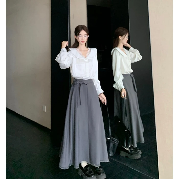 法式白色长袖衬衫女秋季蕾丝拼接宽松气质衬衣百搭系带半身裙套装