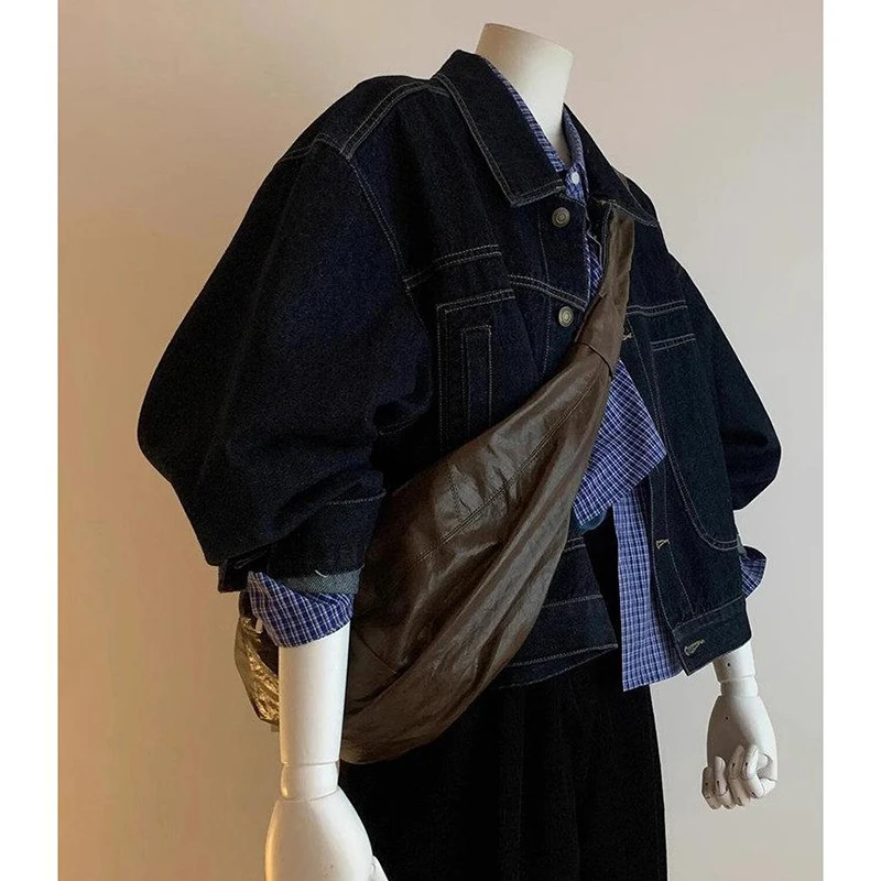 韩版宽松短款深蓝色丹宁风休闲牛仔外套女2025春秋复古夹克上衣