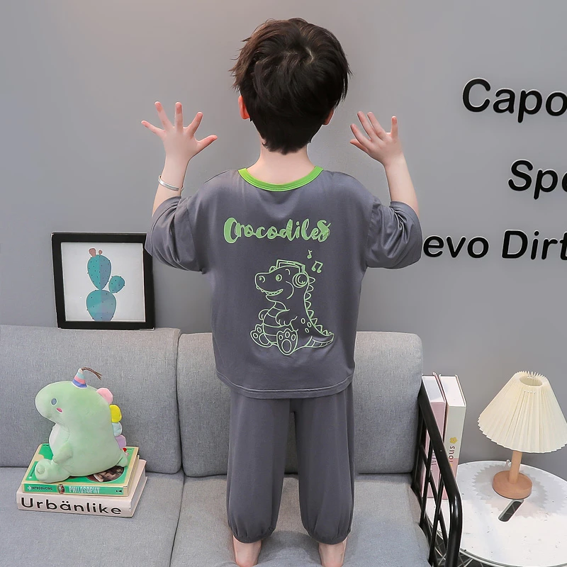男童莫代尔家居服夏季薄款2025中小童空调服高弹儿童套装卡通睡衣
