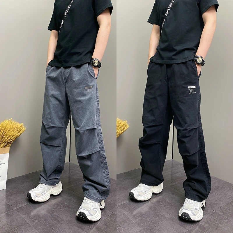 美式复古工装裤男2025秋款拼接松紧腰头休闲直筒裤宽松束脚伞兵裤