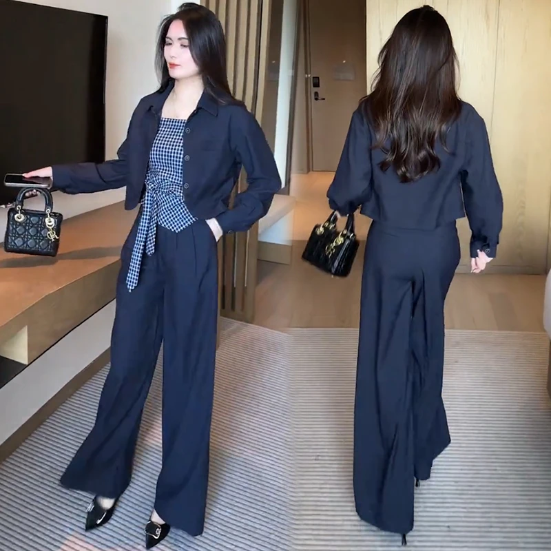长袖气质套装女2025秋冬新款洋气格子抹胸短外套阔腿裤三件套潮