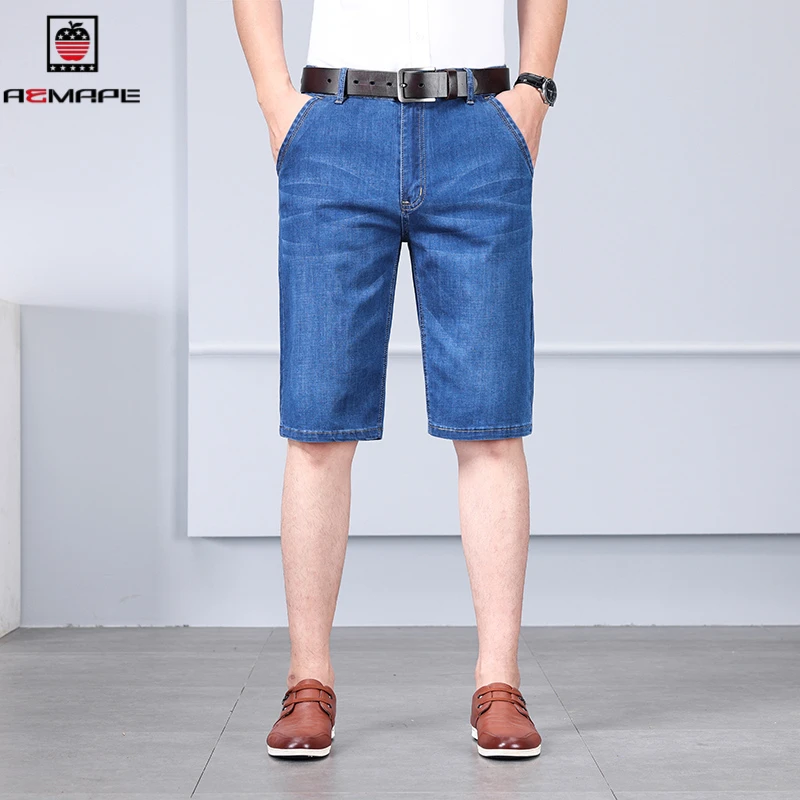 苹果专版正品薄款中年短裤子牛仔裤宽松直筒冰丝弹力高腰百搭中裤