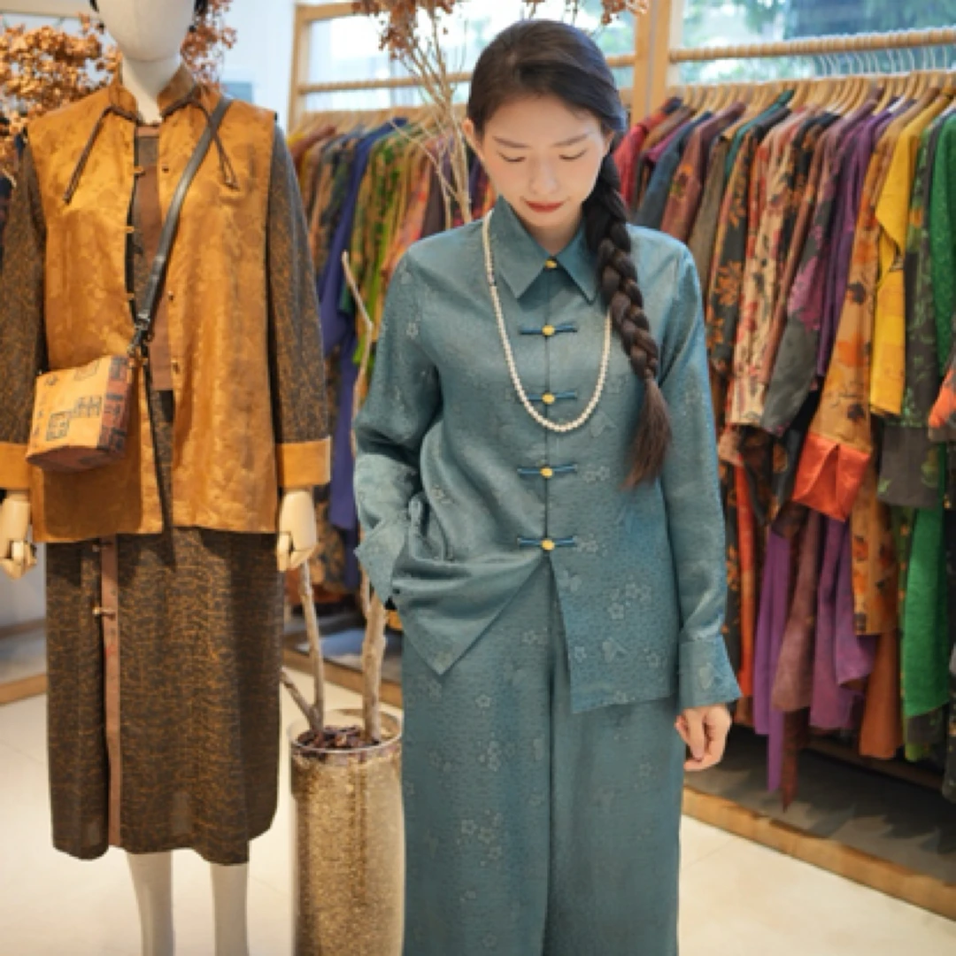 香云纱桑蚕丝宽松对襟提花长袖衬衫套装新中式风格时尚中国风