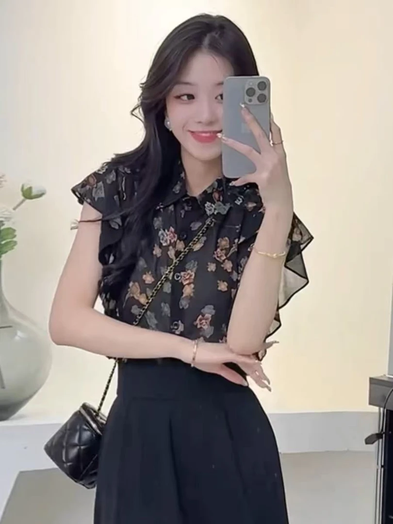 气质碎花短袖雪纺衬衫女2025夏季新款设计感小飞袖宽松小衫上衣潮