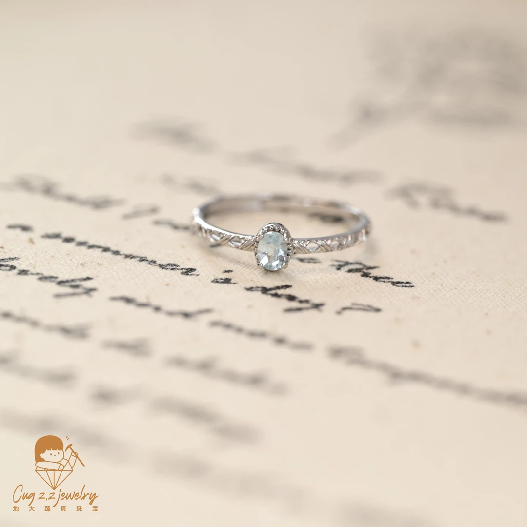 天然海蓝宝石极简小圆轻奢珠宝戒指925银宝石礼物