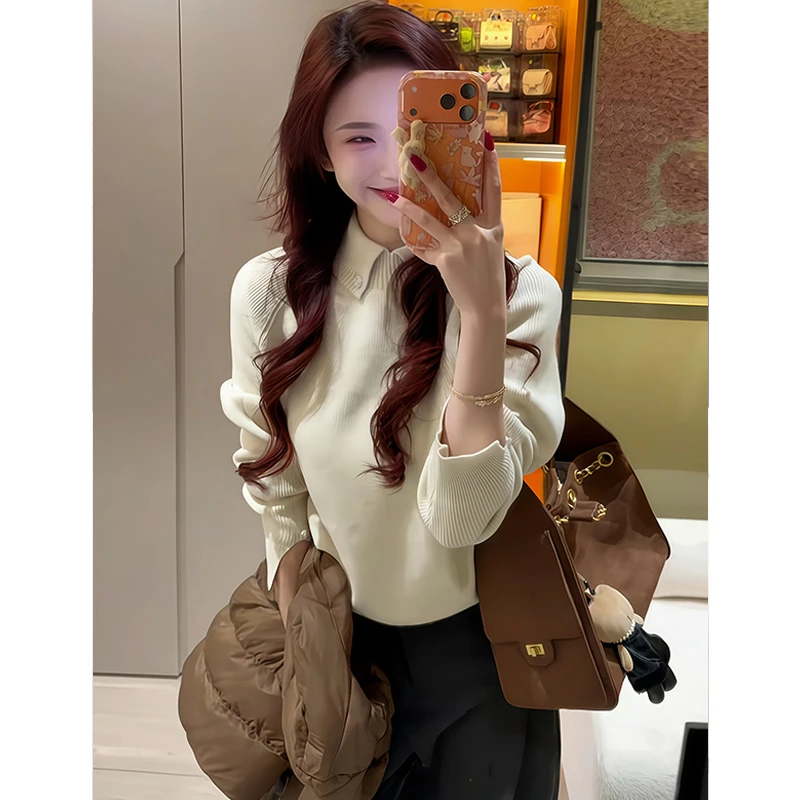 秋冬新款时尚修身法式温柔风翻领长袖毛衣女高级感软糯针织衫上衣