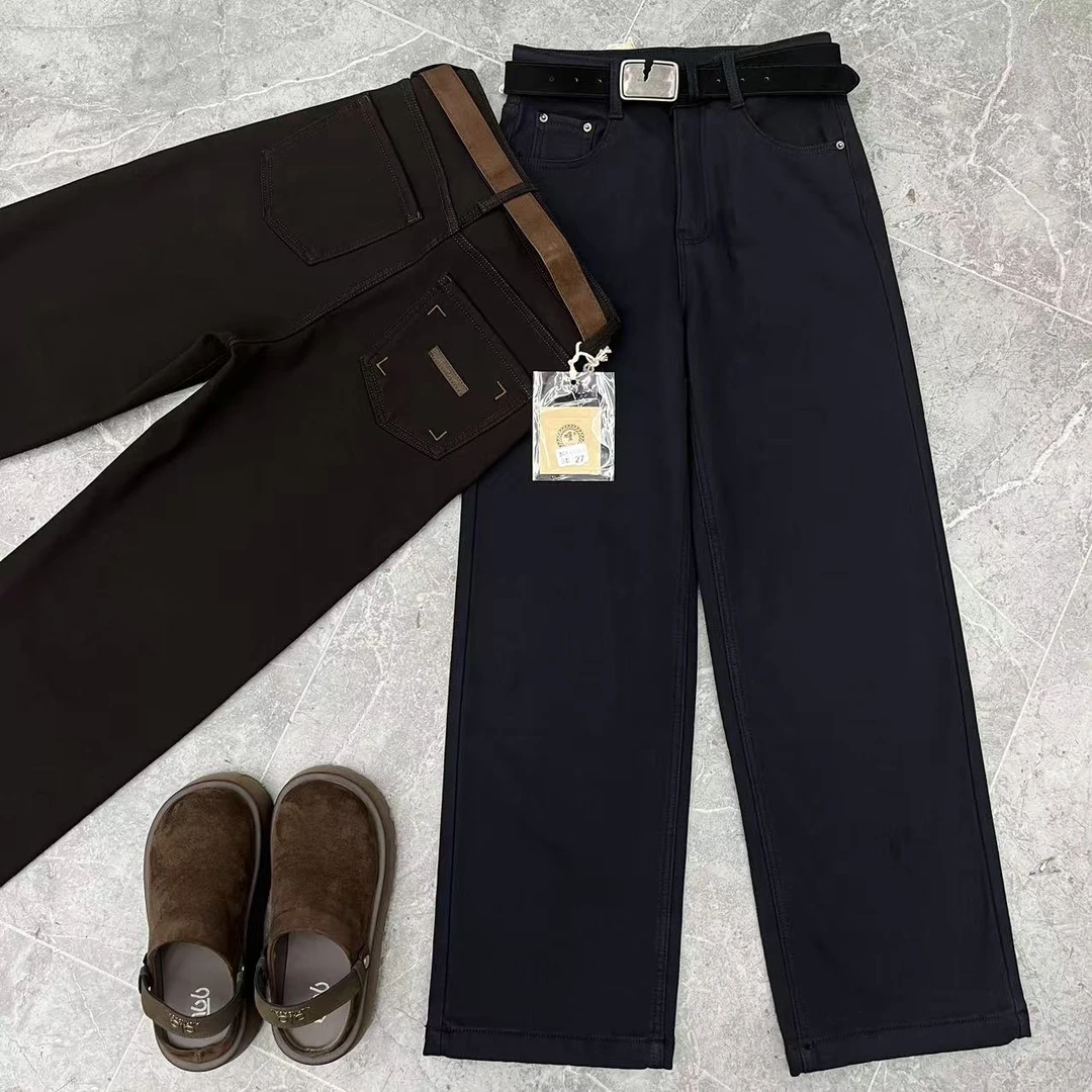 欧货密密绒加绒加厚高腰显瘦弹力高个子拖地直筒阔腿裤牛仔裤子女