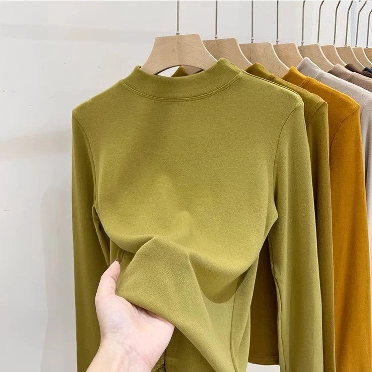 德绒半高领打底衫女长袖t恤内搭保暖上衣加绒525