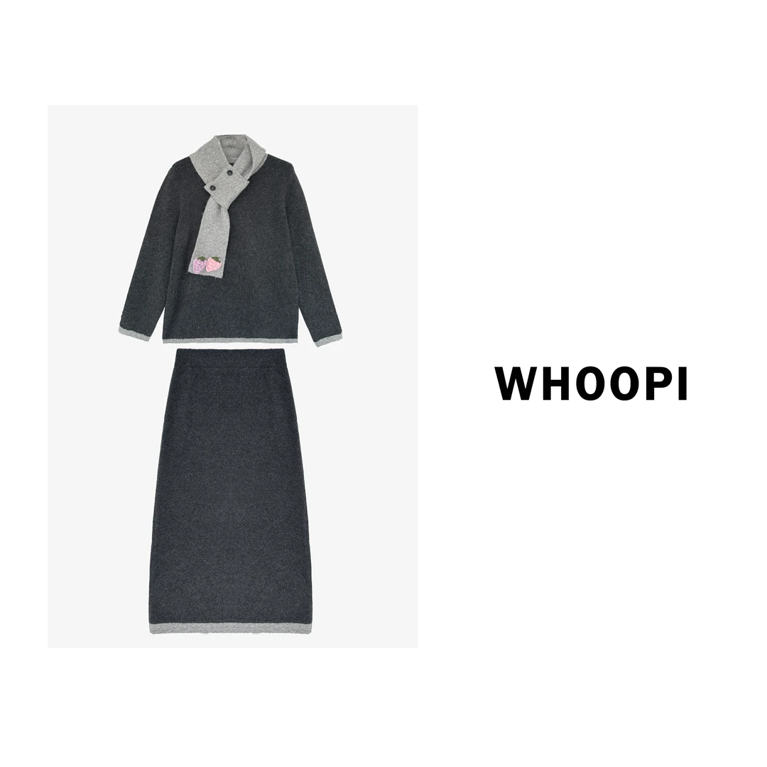 【Whoopi】【缪尔手记】时髦定纺打结围巾撞色圆领毛衣+半裙三件套