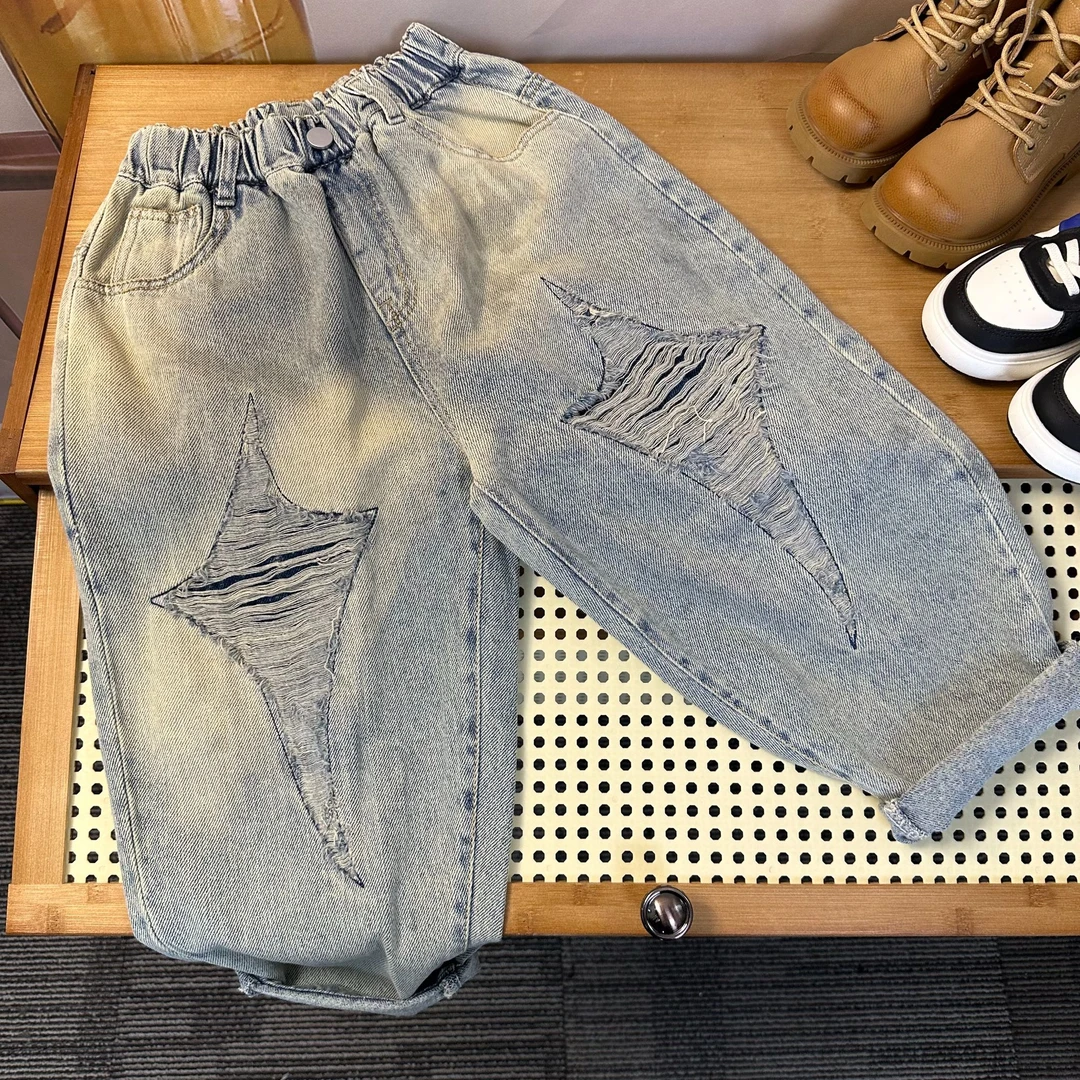 Y【睿轩】新款儿童百搭直筒韩版春秋季潮流四角星设计牛仔裤CK612