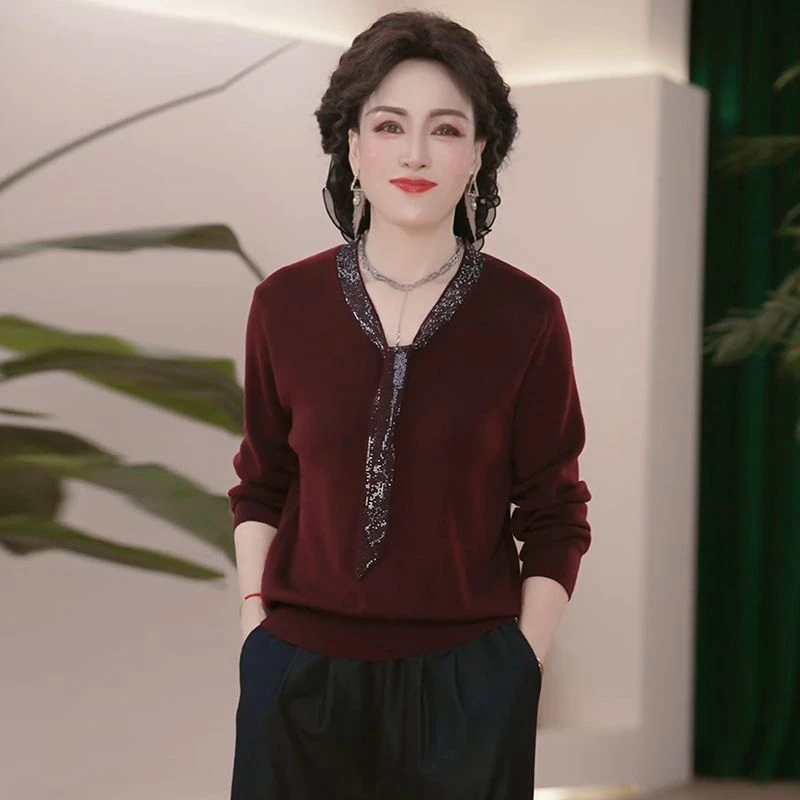 气质妈妈秋冬V领镶钻飘带长袖针织衫女弹力宽松加厚保暖打底毛衣