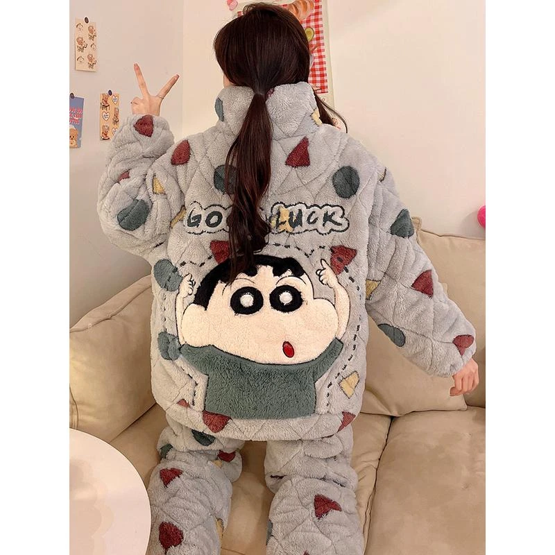 蜡笔小新珊瑚绒三层夹棉睡衣女款秋冬季加厚加绒大码200斤家居服
