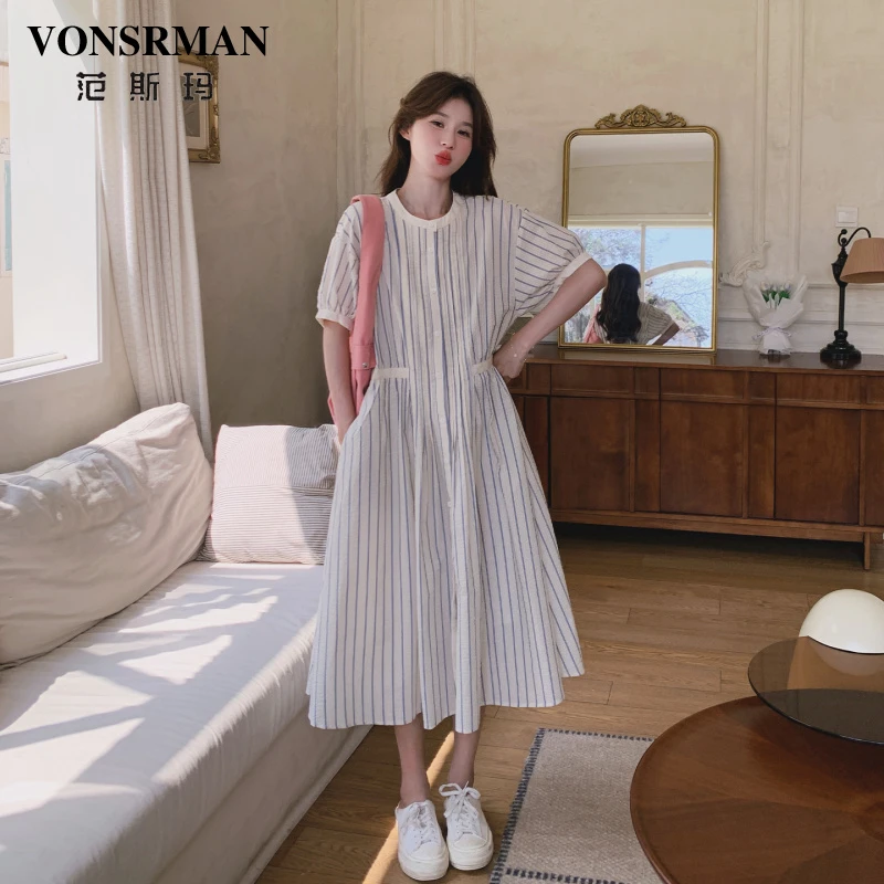 小清新减龄条纹连衣裙女夏季2025新款法式休闲气质收腰显瘦衬衫裙