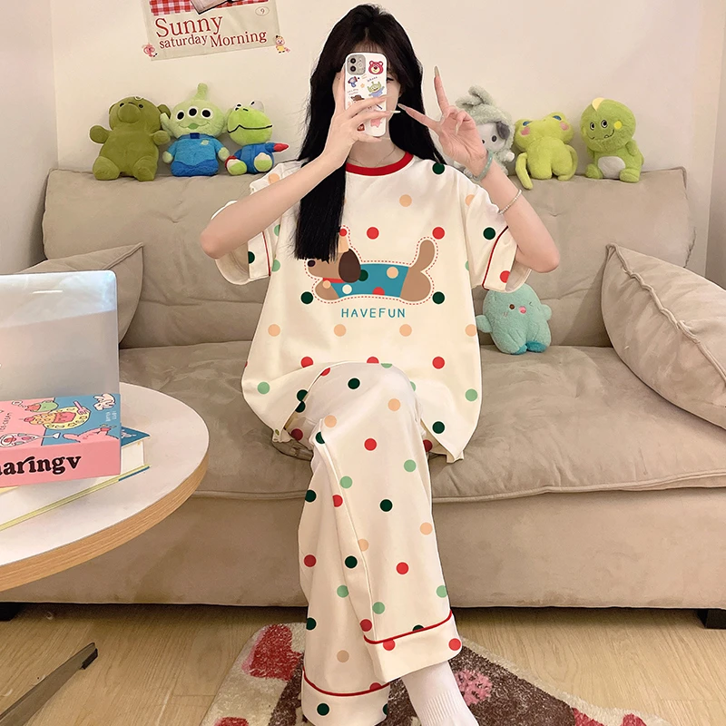 女童睡衣夏季薄款短袖长裤纯棉100%全棉儿童大童初中生女孩家居服