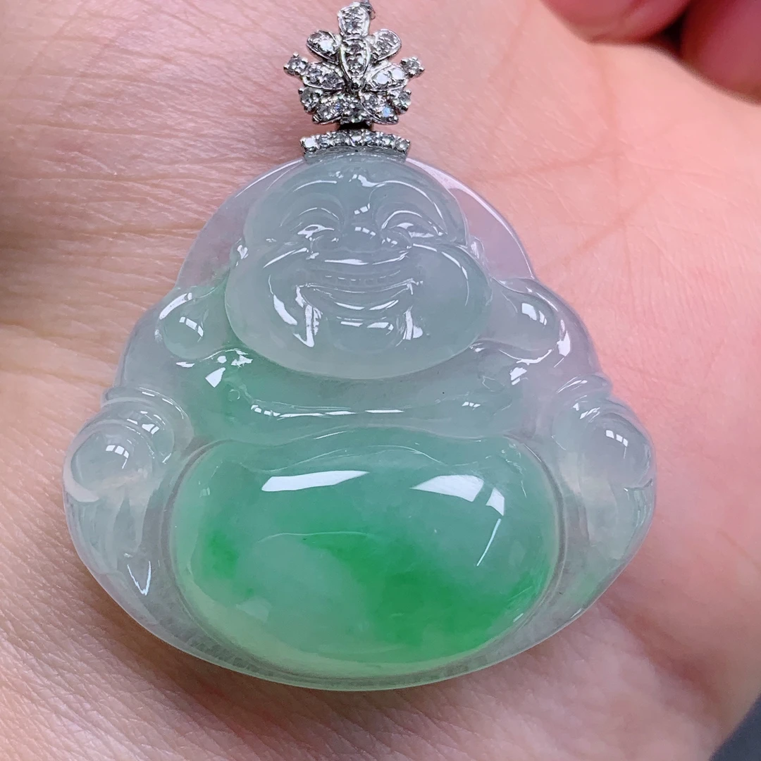 天然缅甸翡翠A货18k冰飘花佛公气质精美尺寸32.5+29.8+7.3  370