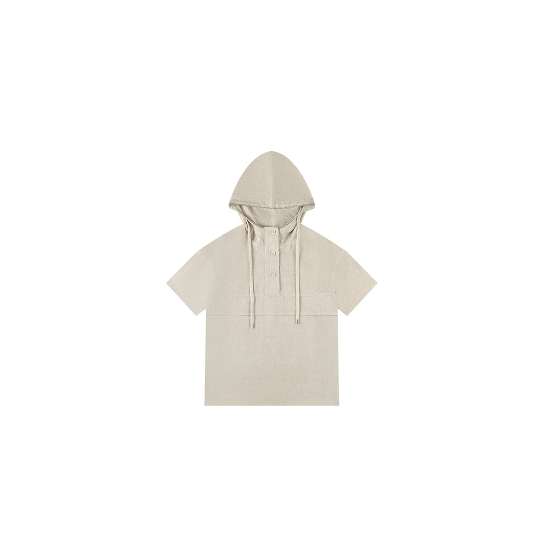 【米叨叨】100亚麻短袖连帽T珠边条帽绳半门襟 054