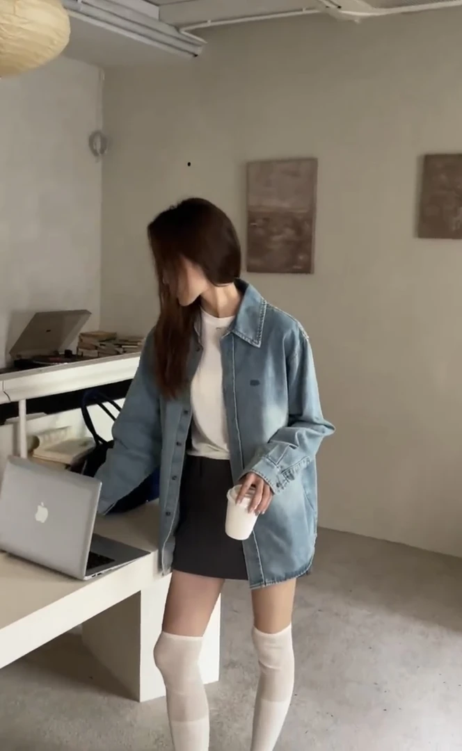 88889#春款 无弹软牛仔 韩版浅兰宽松牛仔衬衫女