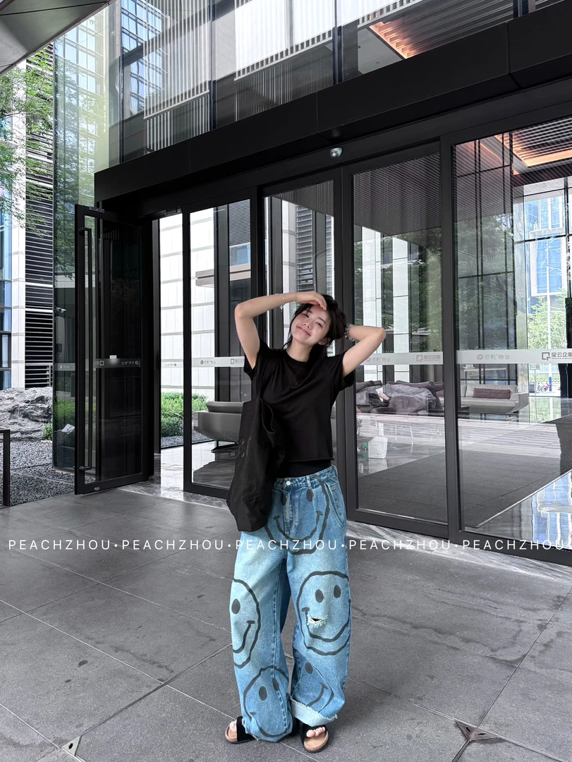 『PEACHZHOU』笑脸涂鸦印花毛边水洗宽松直筒牛仔裤韩式休闲阔腿裤