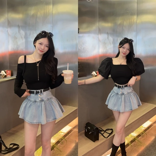 【TX】别致系扣露肩侧开叉长袖上衣/泡泡袖黑短袖T/三扣牛仔裙裤