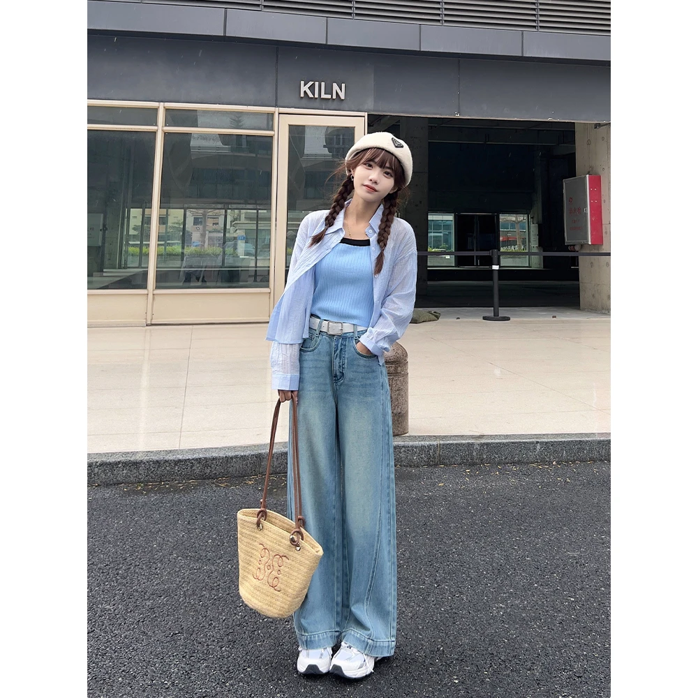 王家有鱼复古蓝阔腿裤女小众复古压线设计感宽松水洗牛仔裤89239