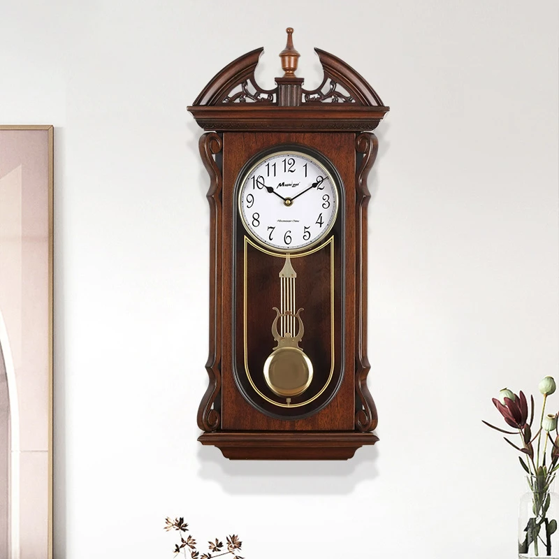 新中式实木挂钟别墅客厅创意复古静音石英钟表家用装饰报时大时钟
