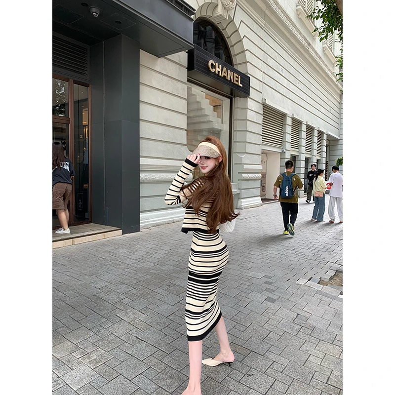 With99jiu【尼斯周末】Vintage套装女条纹吊带长裙针织开衫两件套