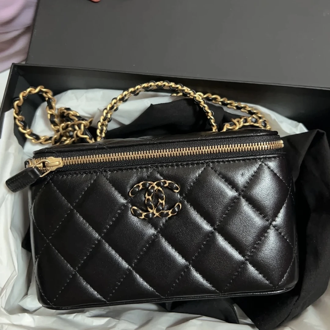 95新 Chanel/香奈儿 青奢荟/黑金24C手柄盒子斜挎包/87448