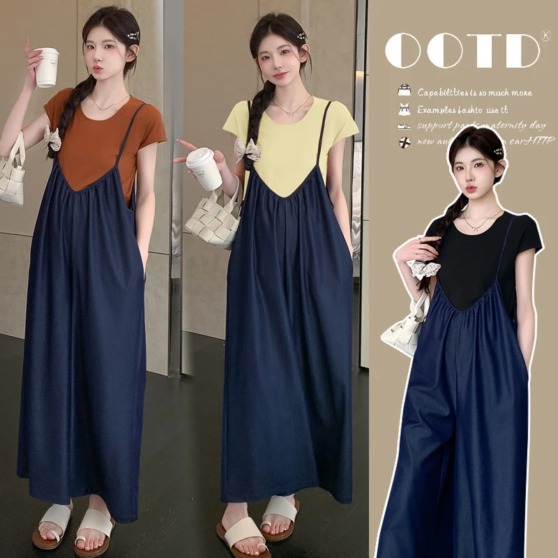 时髦孕妇夏装新款牛仔超薄大码宽松阔腿网红款时尚休闲外穿背带裤