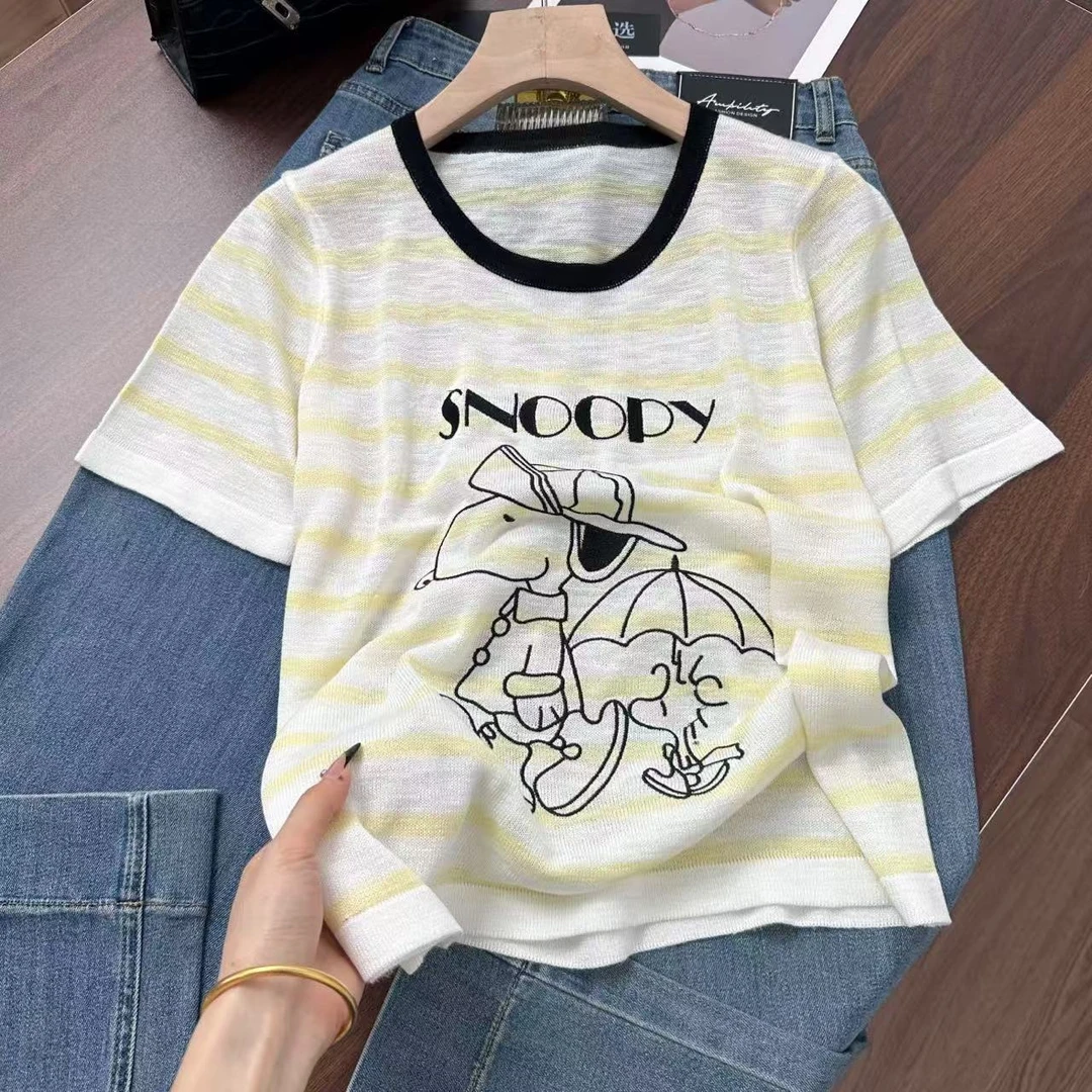 史努比字母条纹~韩系卡通减龄日常百搭圆领针织衫Y7436黄