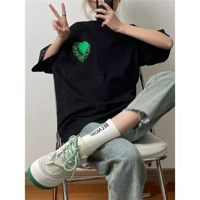 半袖棉t反季圆领宽松打底短袖-百搭小圆领印花潮流白色t恤女士