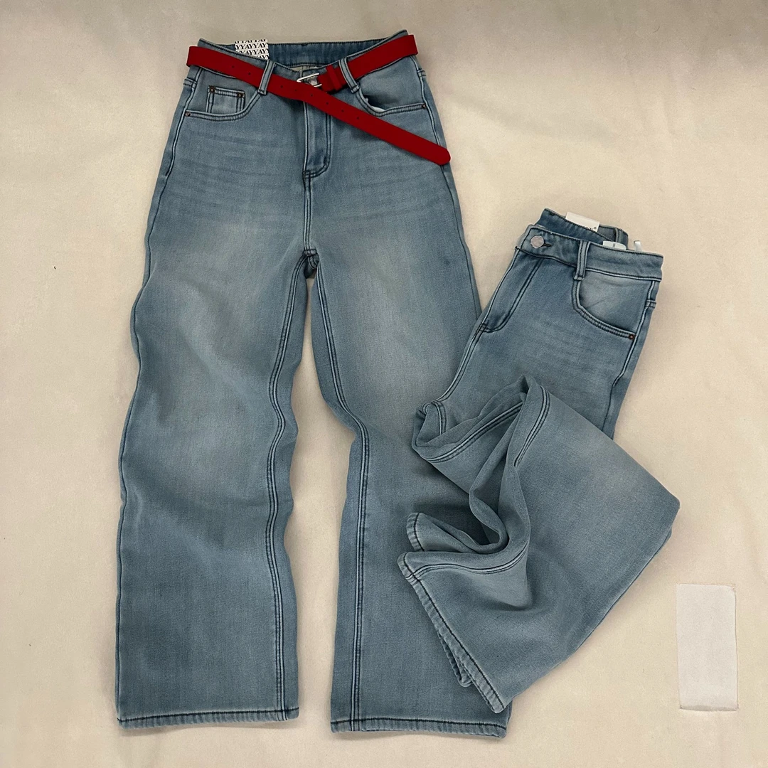 103秋冬新款复合绒加绒加厚窄版保暖浅蓝色牛仔直筒裤女