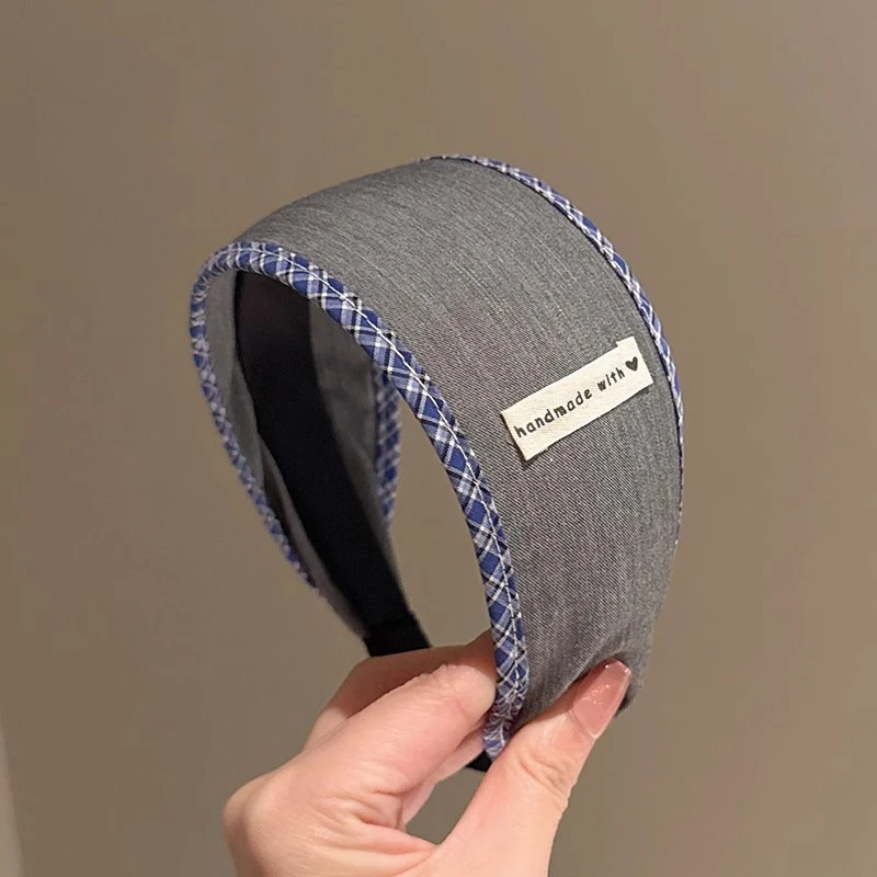 格雷系蓝格子灰色宽边发箍女高级感带齿防滑头箍高颅顶发卡头饰春