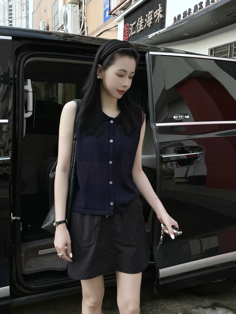 【Si&华严选】韩系减龄针织衫织带条纹无袖翻领单排扣衬衫上衣A235