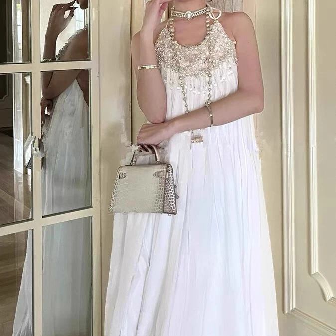 高定重工订制亮片白色流苏吊带挂脖连衣裙法式气质镶钻挂脖礼服裙