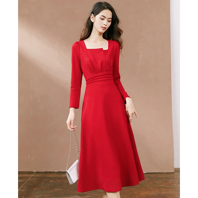 【断码清仓拼手速】红裙方领长袖A摆连衣裙24052757