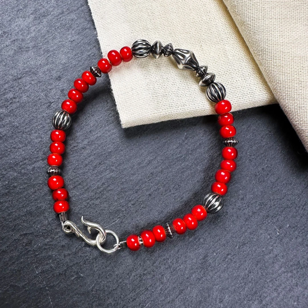 925银银制品 捷克手工白芯琉璃纳瓦霍橄榄珠定制日系DIY手串手链