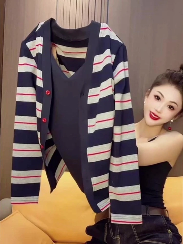 复古设计感小众独特条纹假两件开衫秋季新款别致显瘦休闲气质上衣