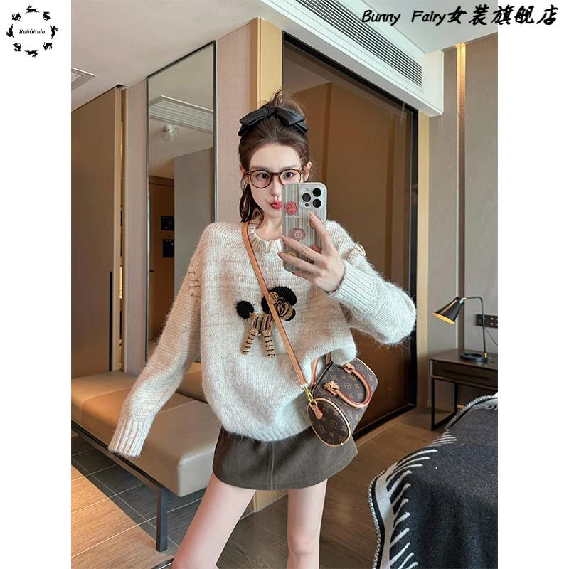 重工玩偶圆领毛衣女2025新款春秋加厚港味复古慵懒内搭针织衫秋冬