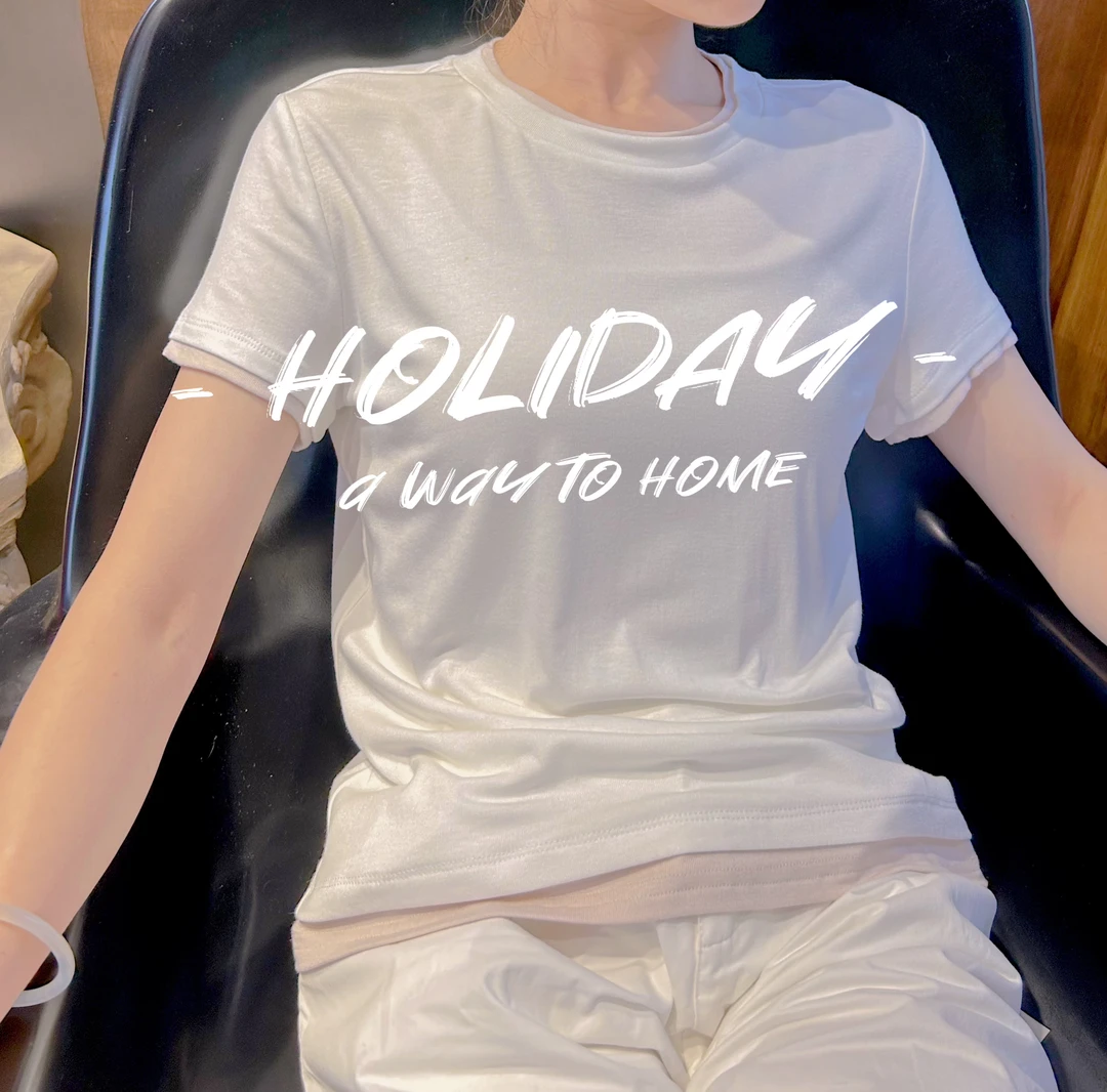 《清货 假两件糯叽叽》设计款宽松型极简T恤圆领纯色女士夏款短袖