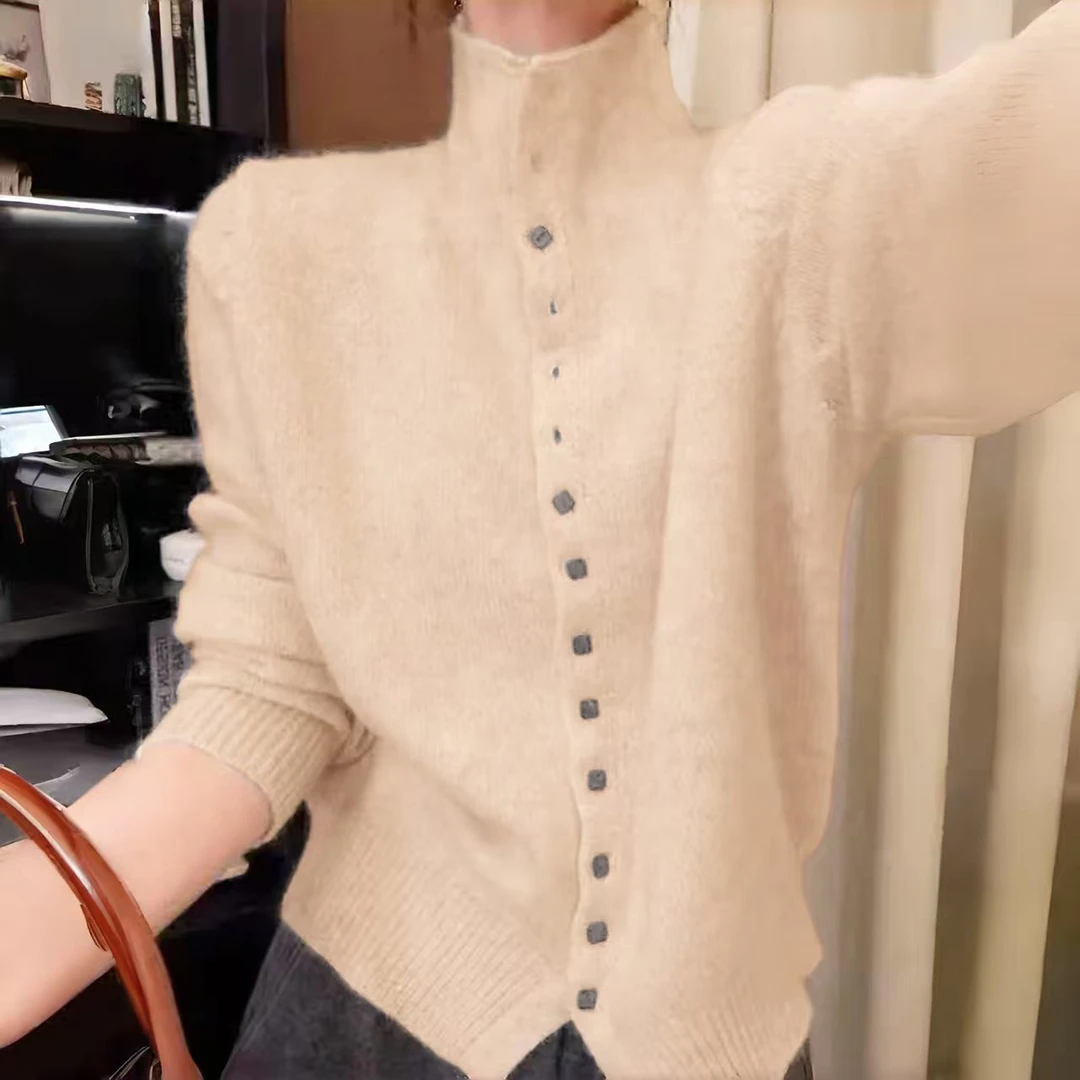100%纯羊毛开衫保暖纯色秋冬毛针织衫百搭时尚半高领长袖