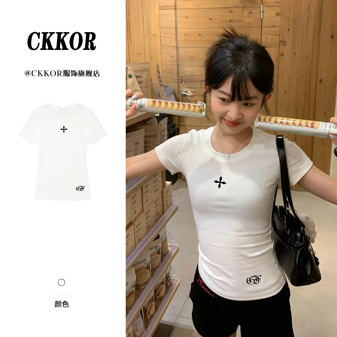 CKKOR新款辣妹穿搭正肩短袖t恤女圆领夏季收腰显瘦百搭纯欲风上衣