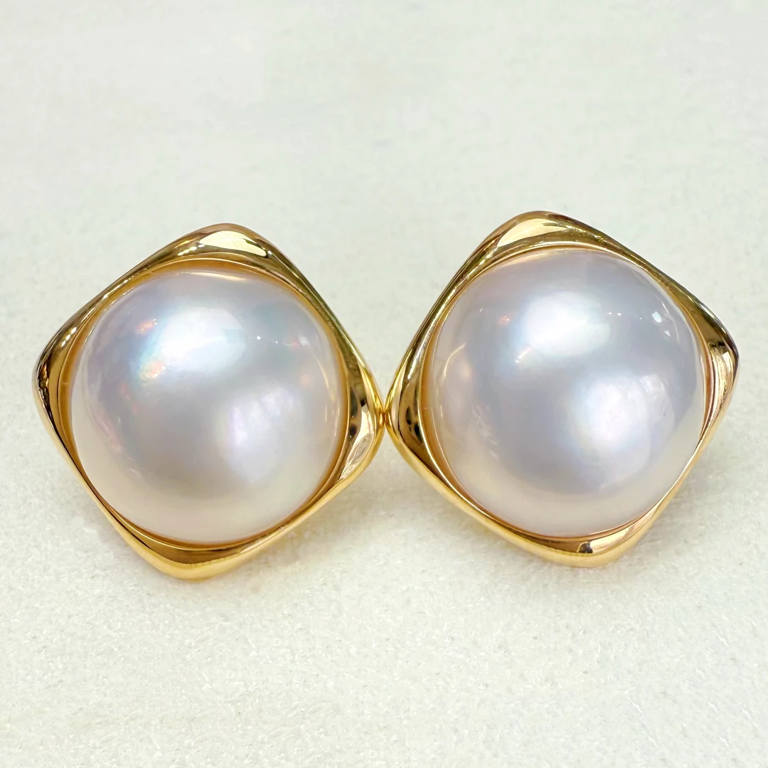 朕的珠 方形澳白色厚金版 正白色纯天然海水马贝耳钉18K金成品